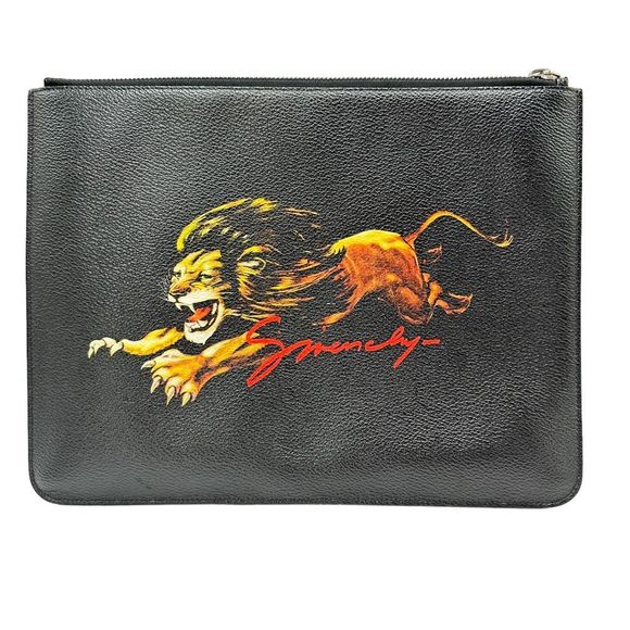 Givenchy Lion Leo Black Leather Zipper Large Clutch Bag - Picture 1 of 11
